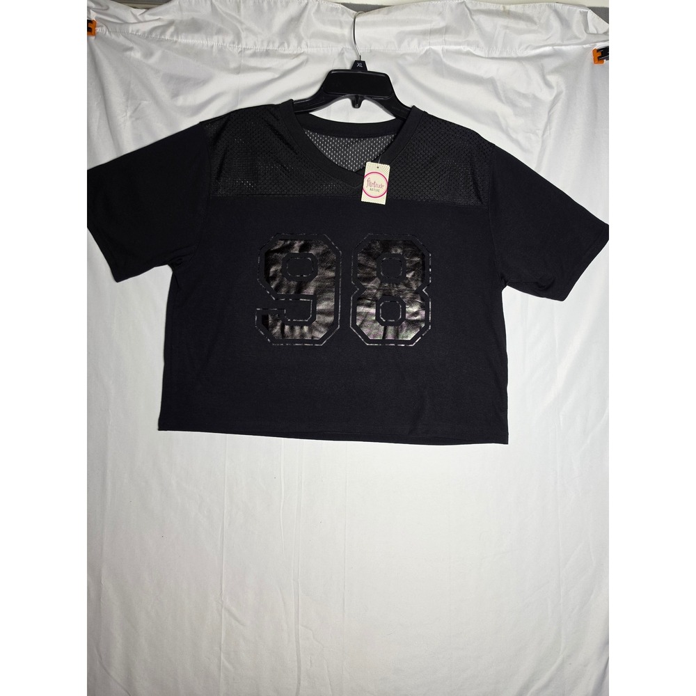 Flirtitude Active Womens Black Mesh Yoke Cropped Graphic Jersey Top Size M NWT